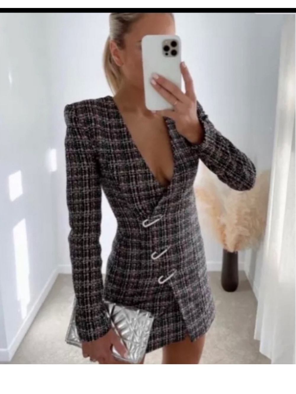 Tweed structured blazer dress back zip medium m Zara black pink green